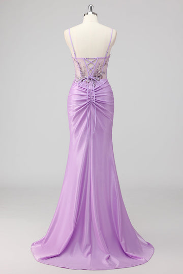 Purple Mermaid Spaghetti Straps Corset Sequin Long Prom Dress with Slit